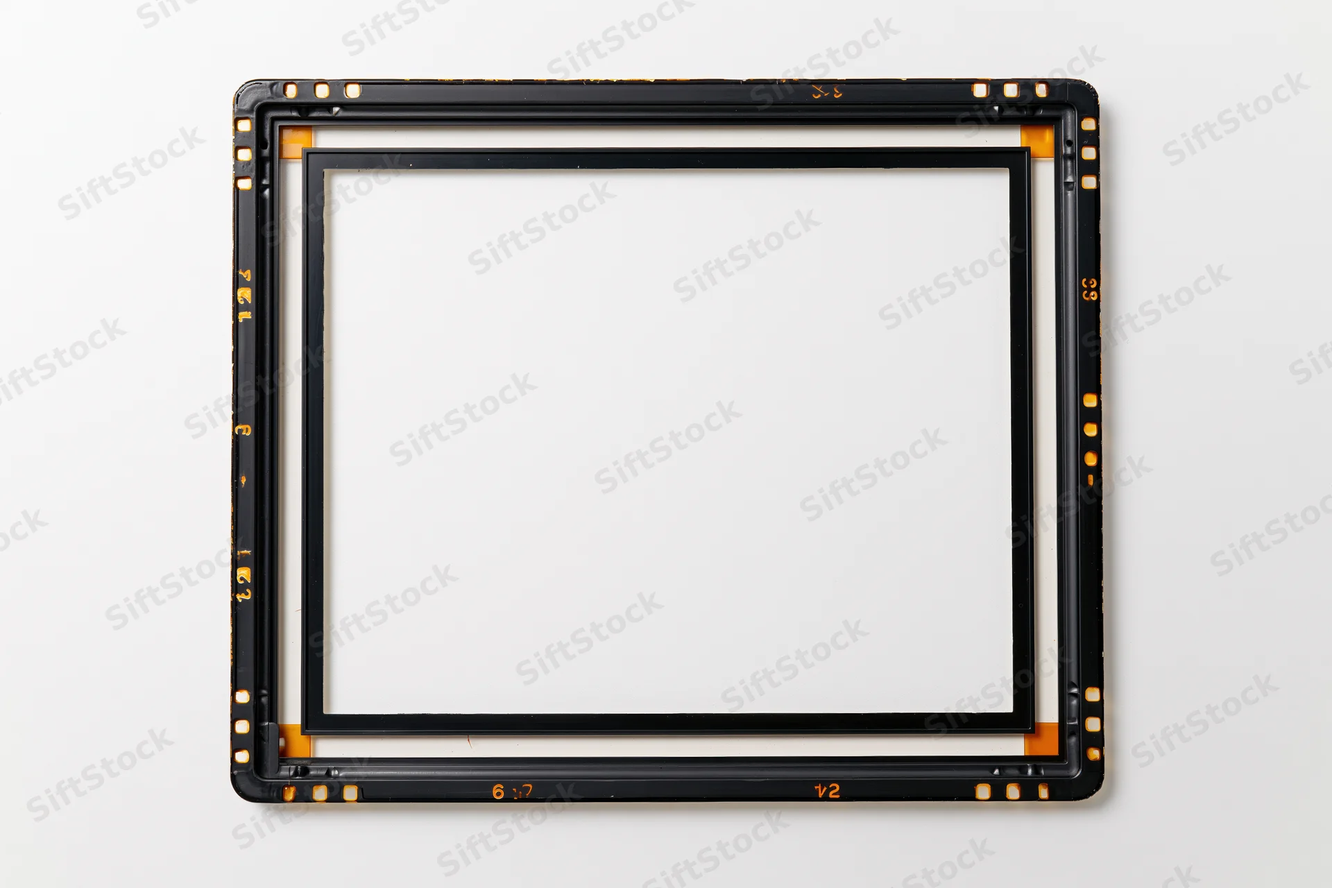 Blank medium format film frame border on white background with perforations and markings
