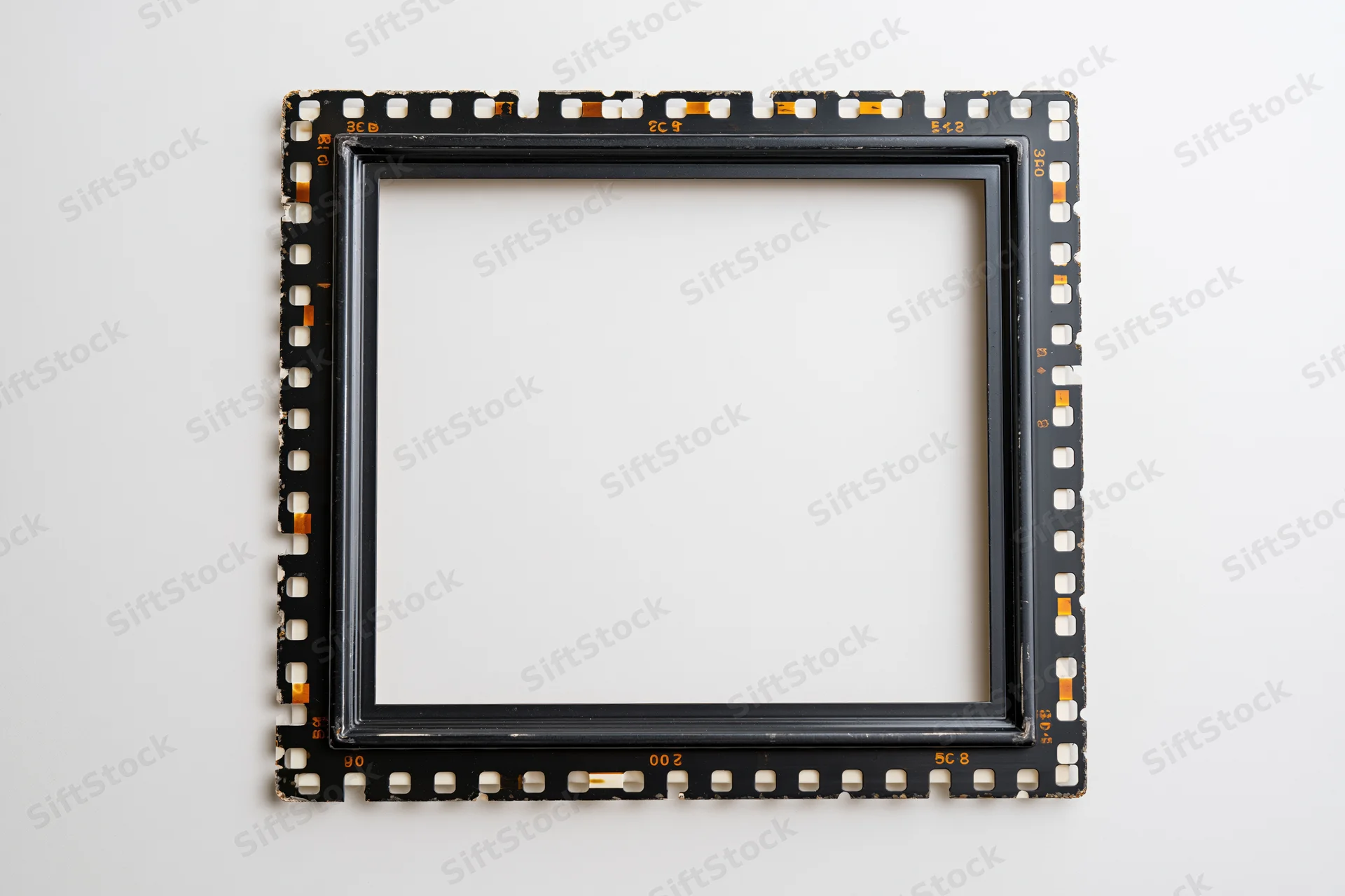 Blank medium format film frame border with perforations on white background
