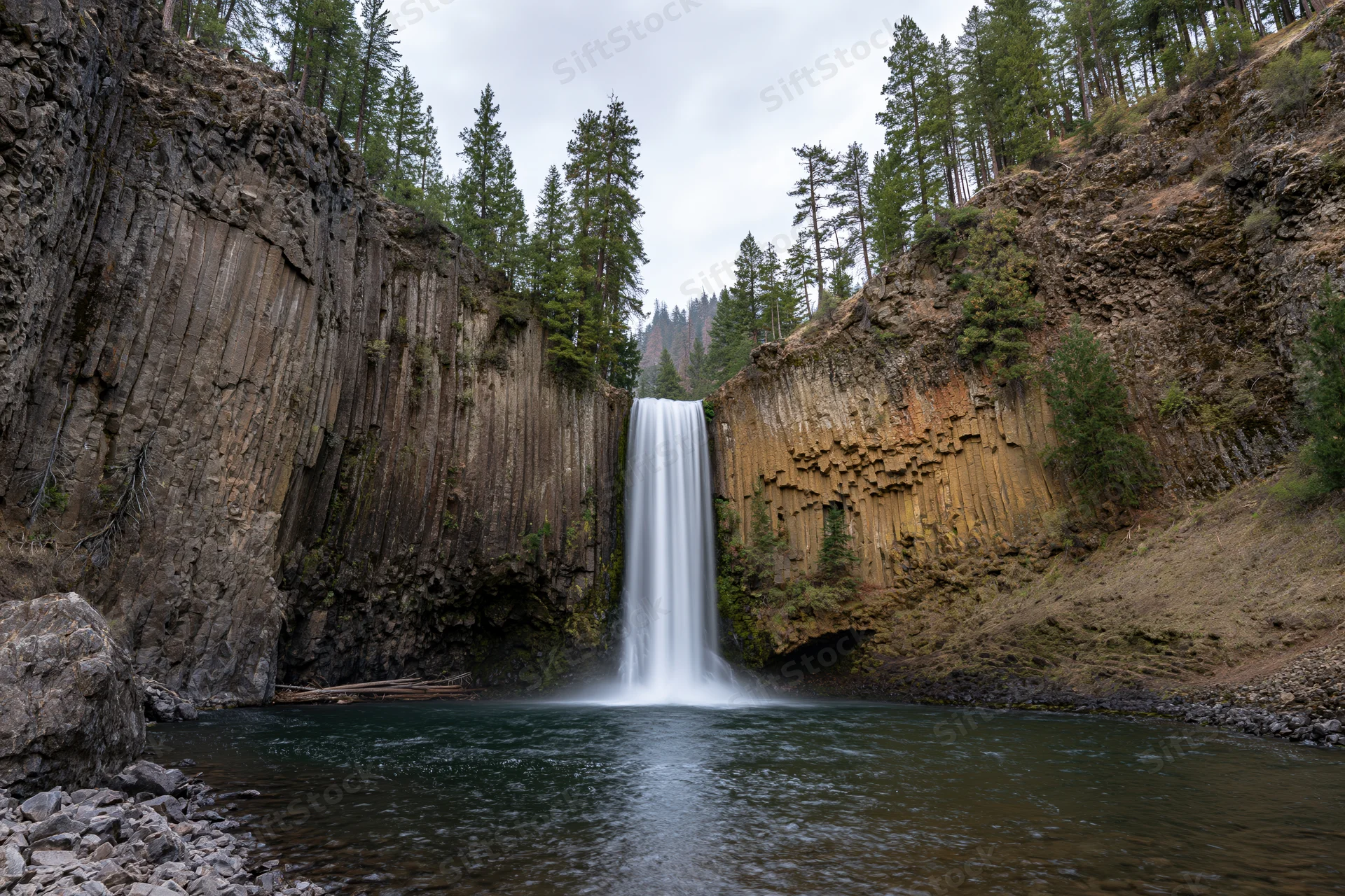 Waterfall cascading into calm pool at base of columnar basalt cliffs in forested canyon