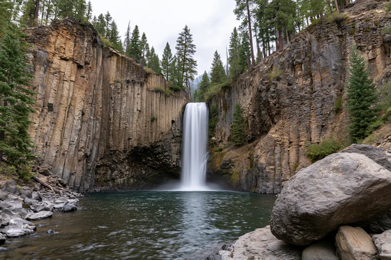 Waterfall dropping into calm pool at base of rocky canyon surrounded by pine forest
