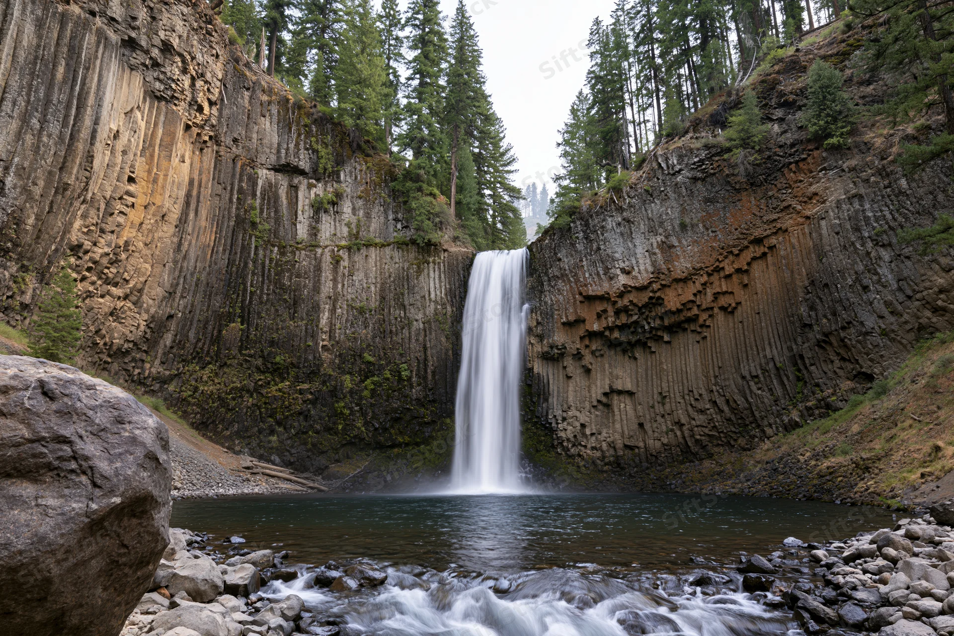 Waterfall cascading between basalt cliffs into a calm pool surrounded by forest