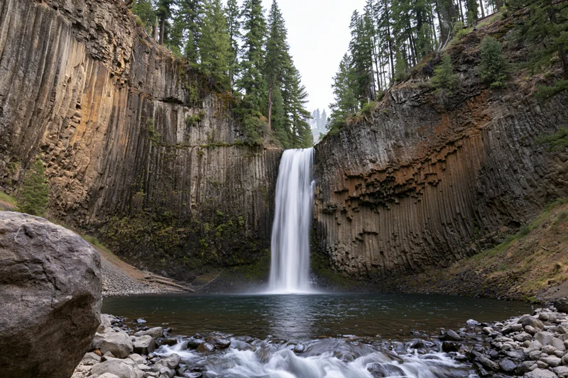 Waterfall cascading between basalt cliffs into a calm pool surrounded by forest