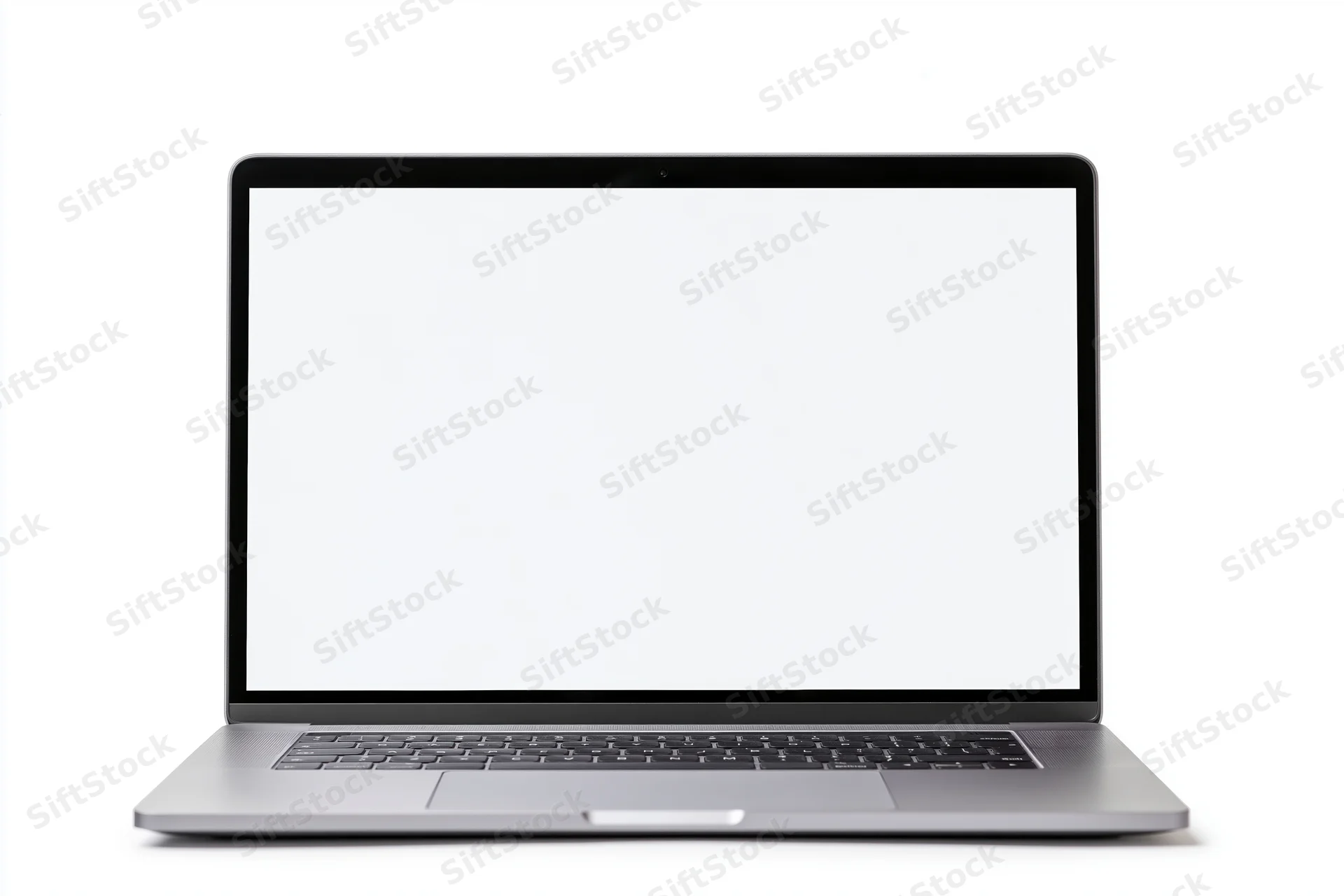 Slim silver laptop with blank white screen open on white background
