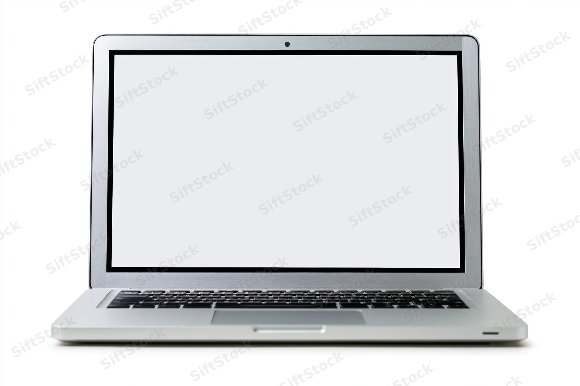 Silver laptop with blank white screen on white background