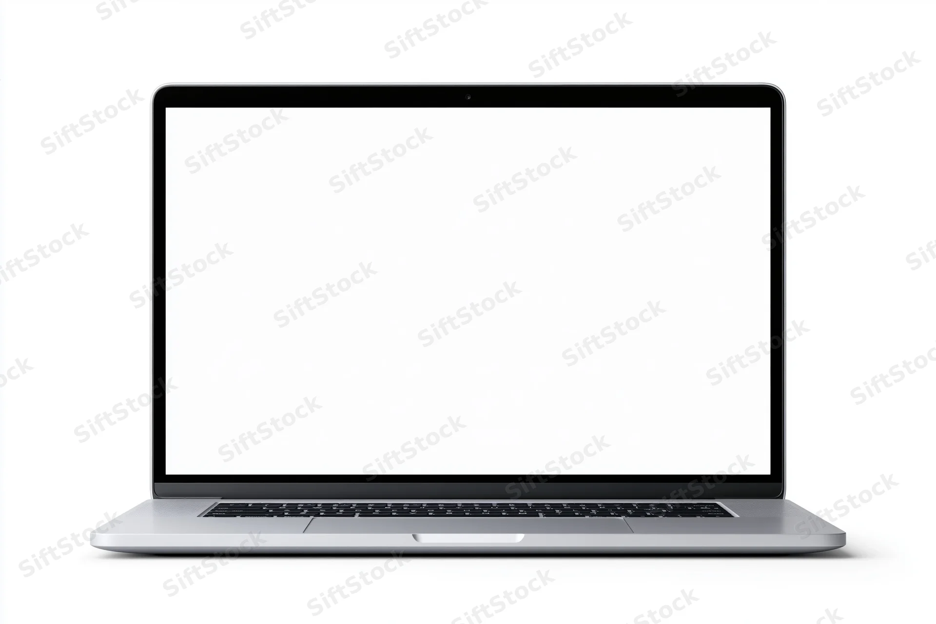 Slim silver laptop with blank white screen on white background