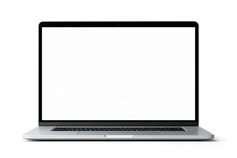 Slim silver laptop with blank white screen on white background