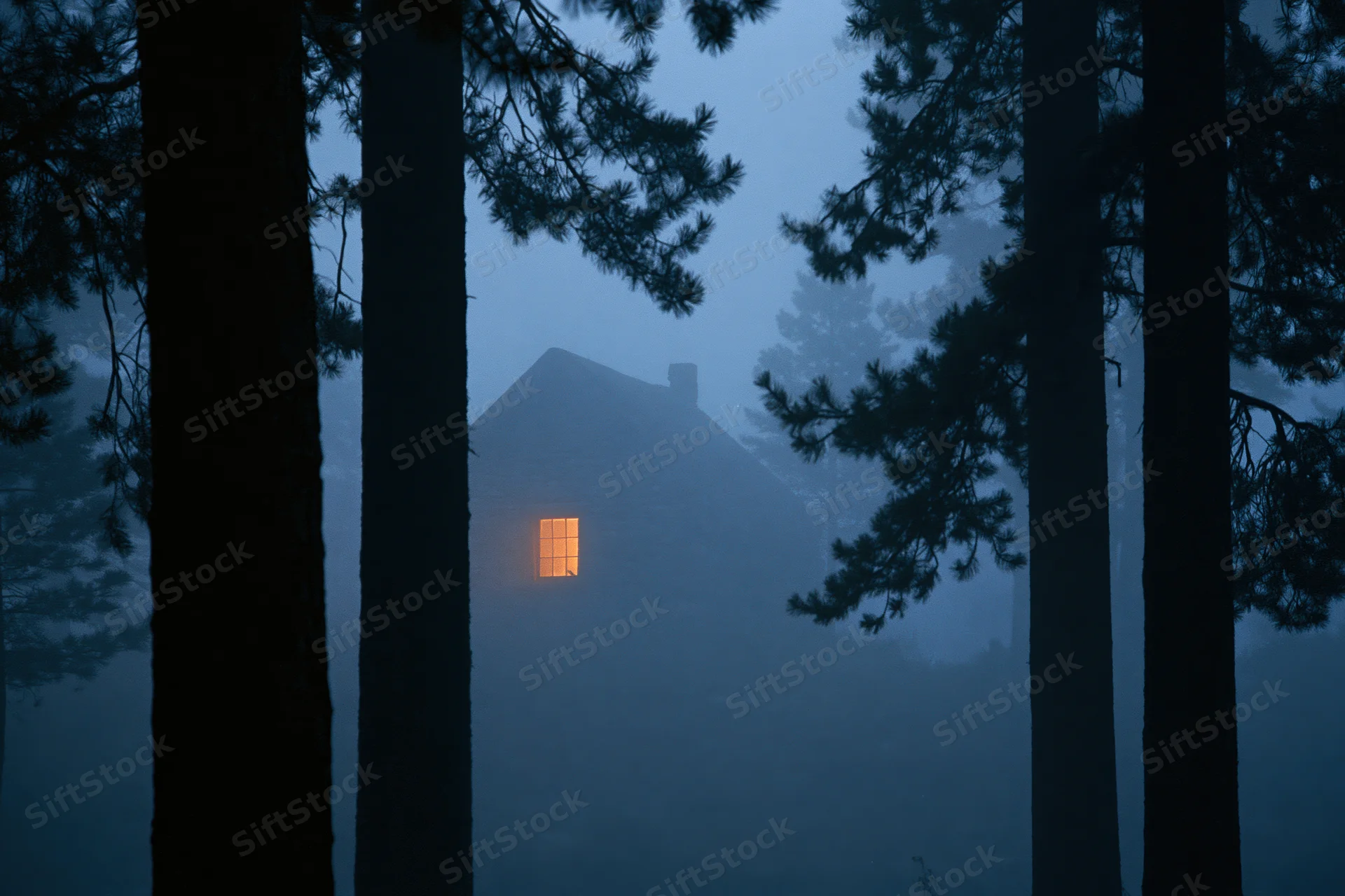 Cabin with glowing window seen through pine trees in fog at night