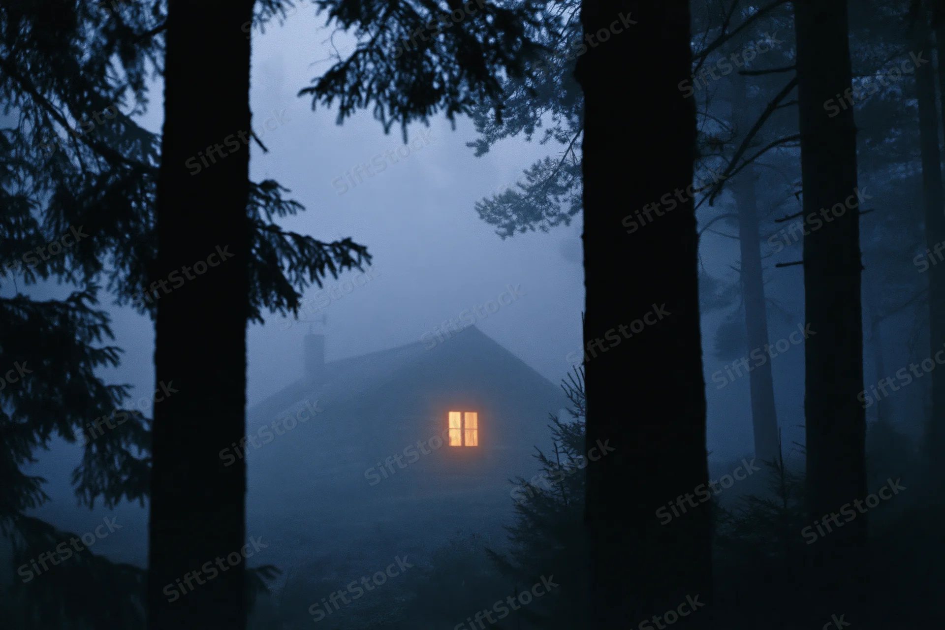 Cabin with glowing window seen through dark trees in foggy forest at night