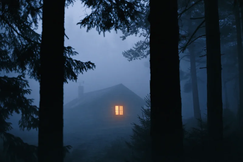 Cabin with glowing window seen through dark trees in foggy forest at night