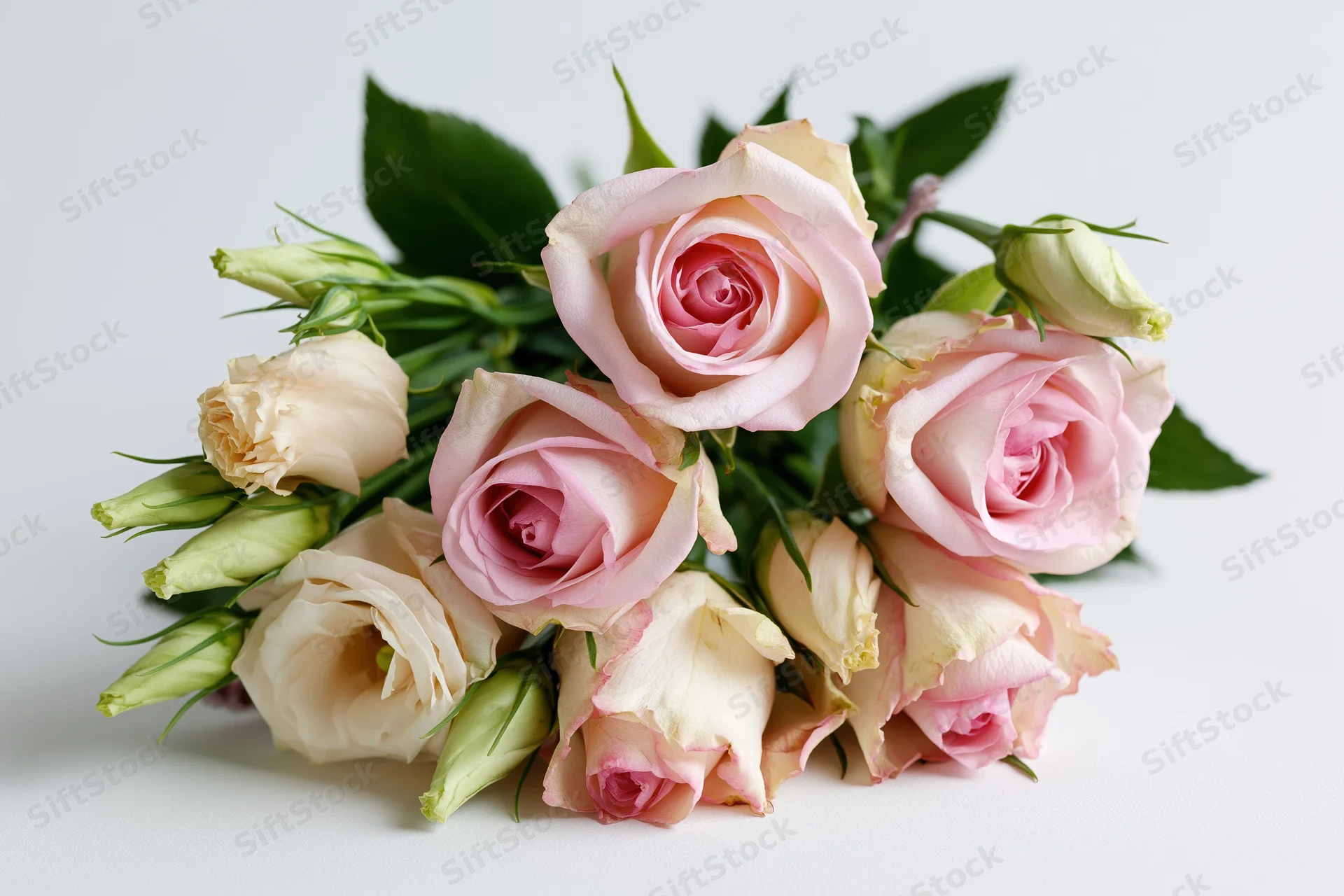 A cluster of soft pink roses and cream lisianthus arranged on a white surface
