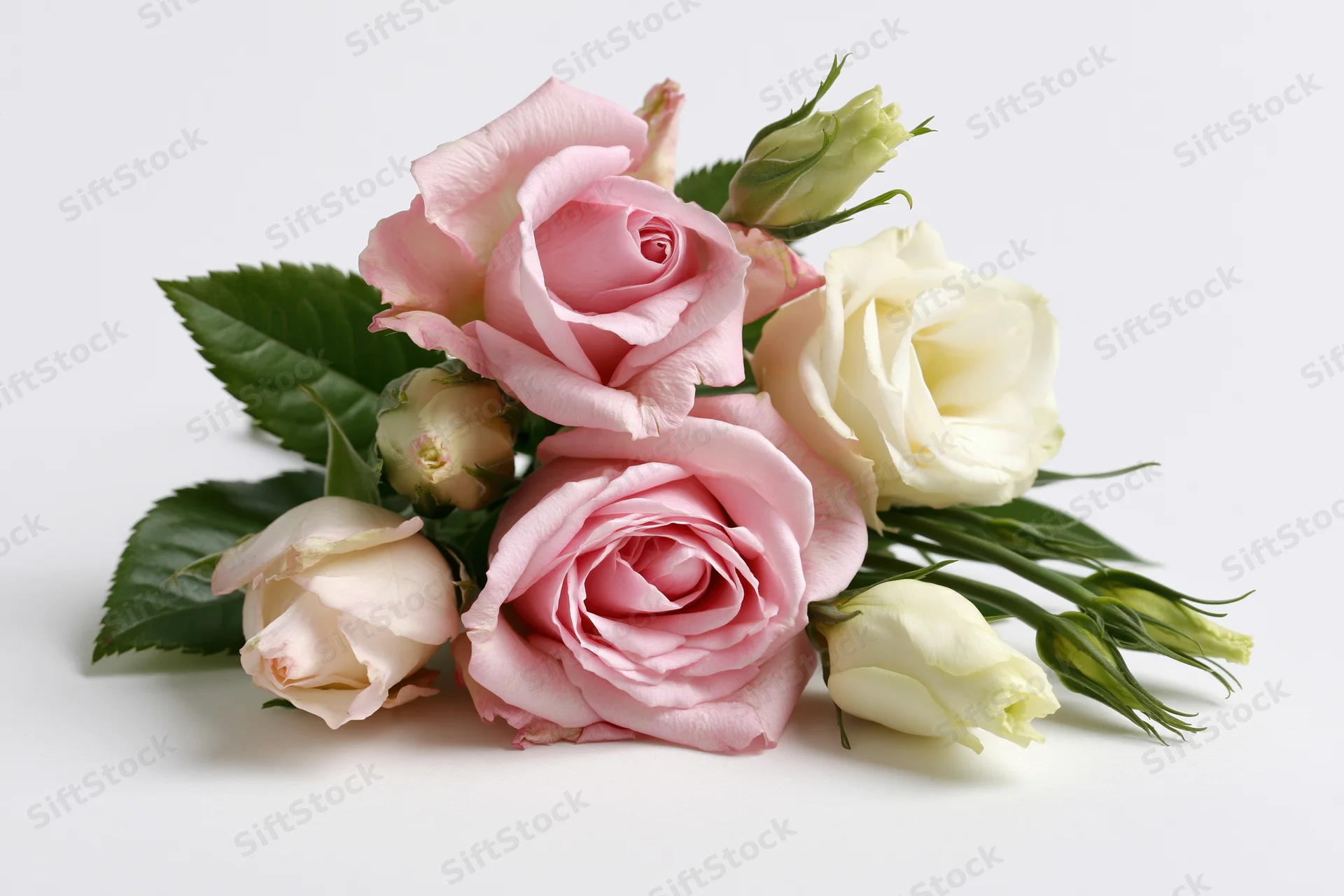 A cluster of pink roses and cream lisianthus arranged with green leaves on a white surface