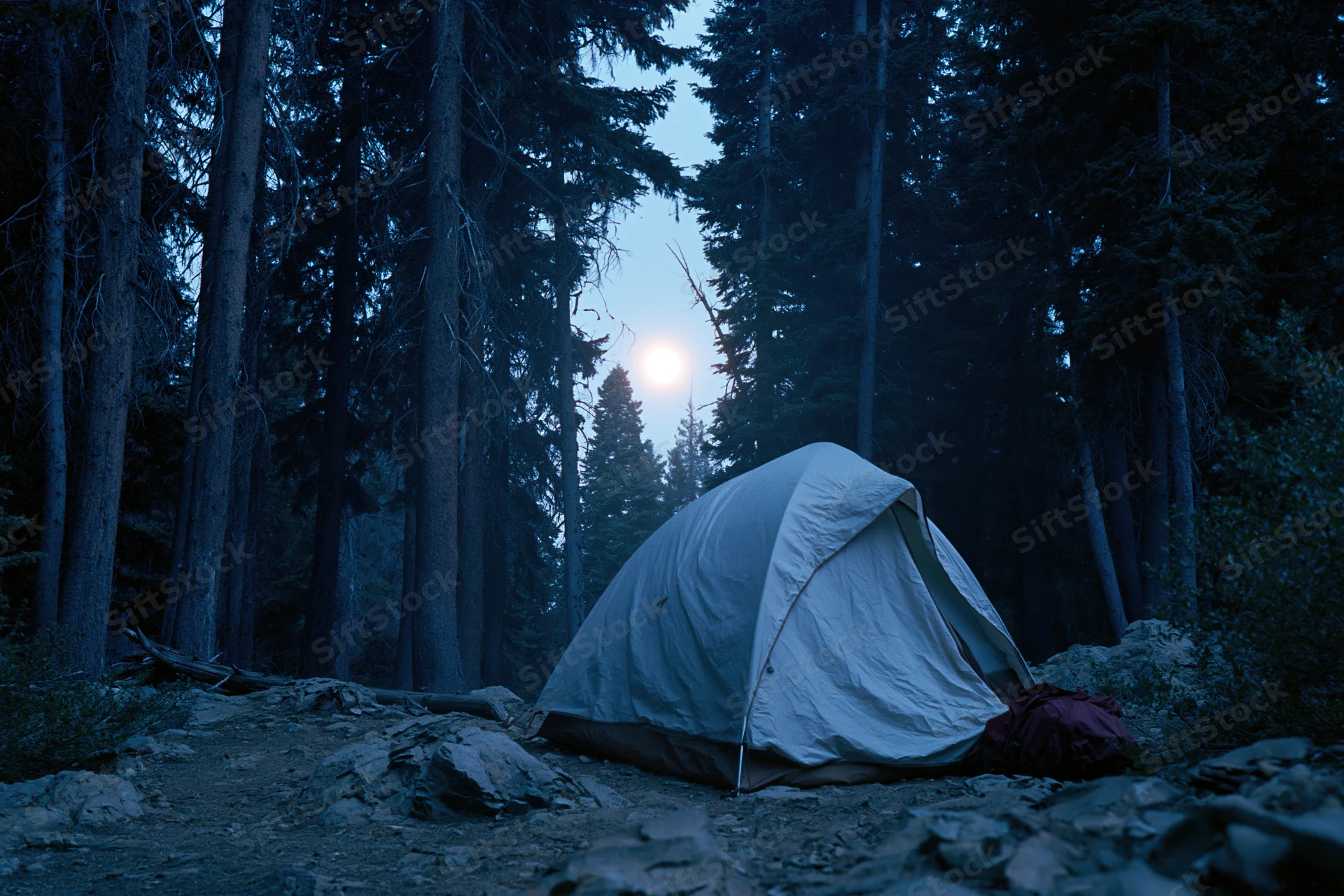 Small white tent pitched on rocky ground in a dense forest at night under moonlight