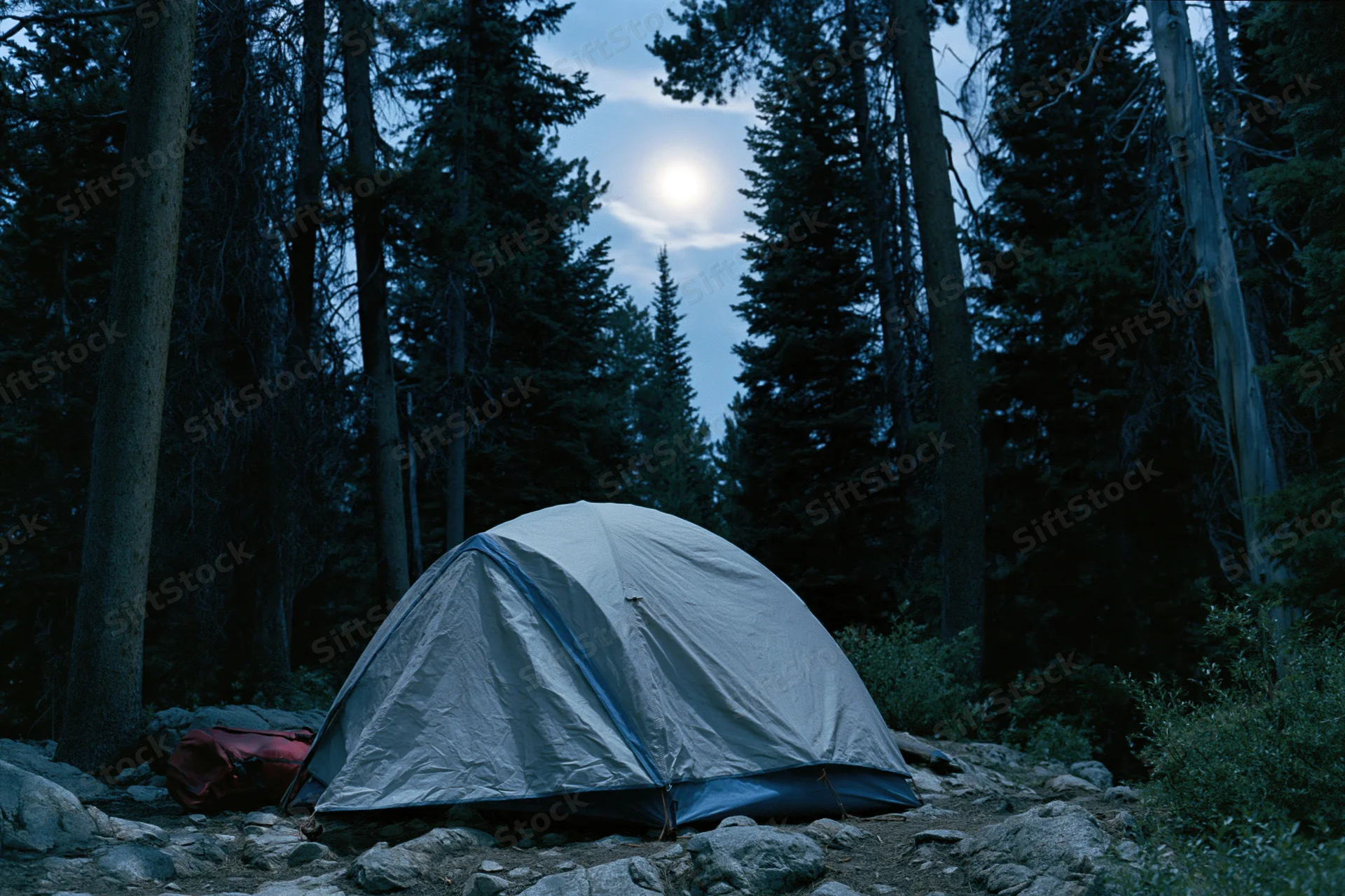 Small tent pitched on rocky clearing in dense forest at night under moonlight