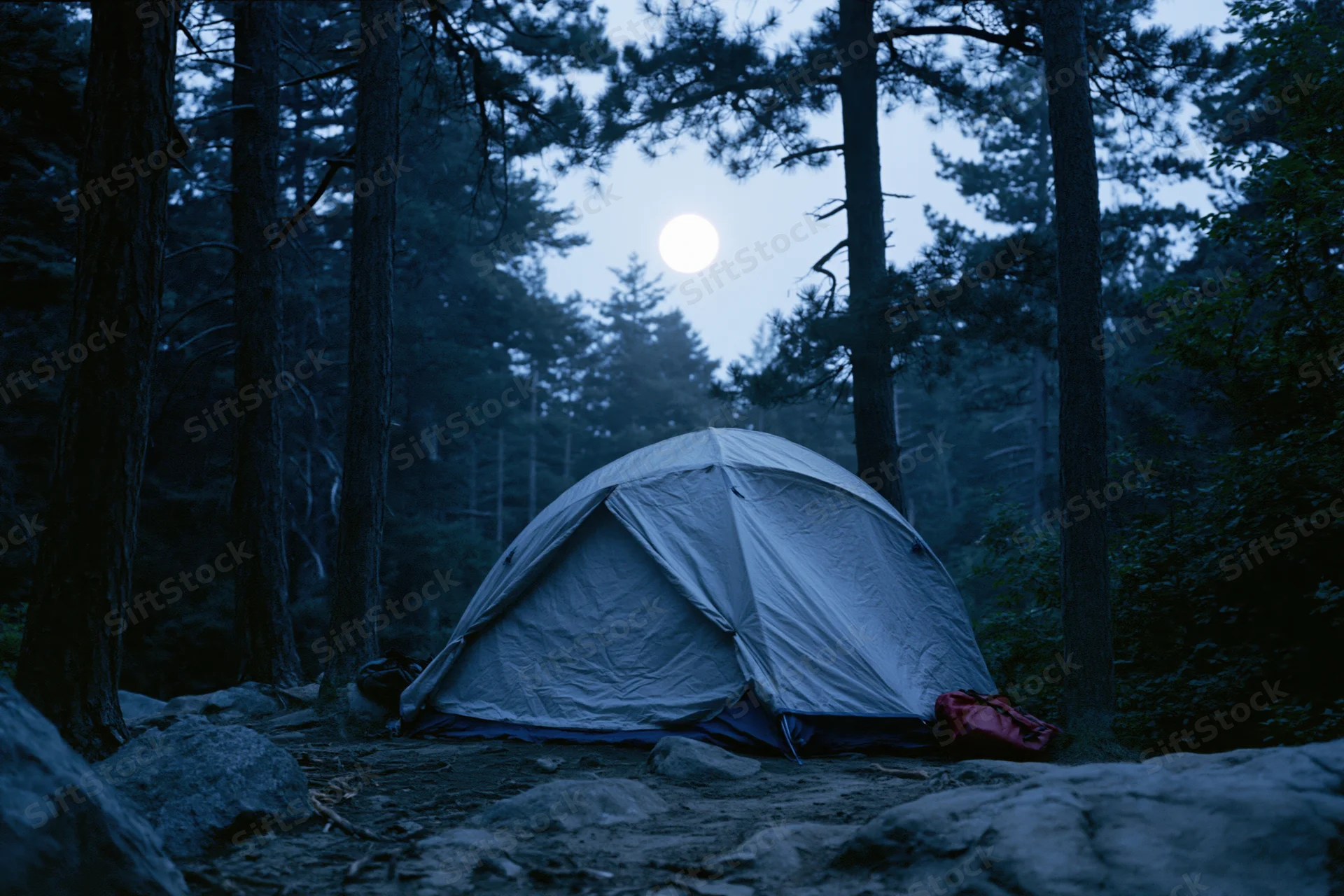 Small tent pitched on rocky clearing in forest at night under full moon