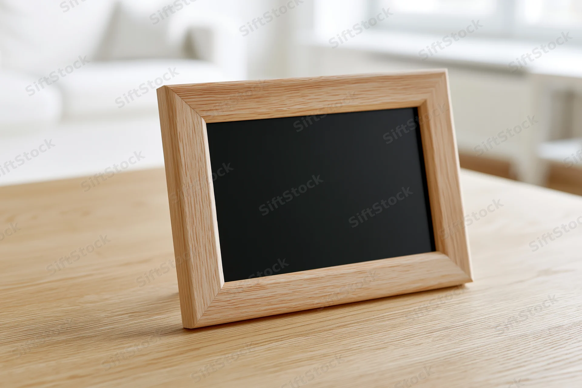 Wooden picture frame with black empty interior leaning on a table in a living room