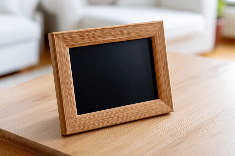 Wooden picture frame with black empty interior leaning on a wooden table in a living room