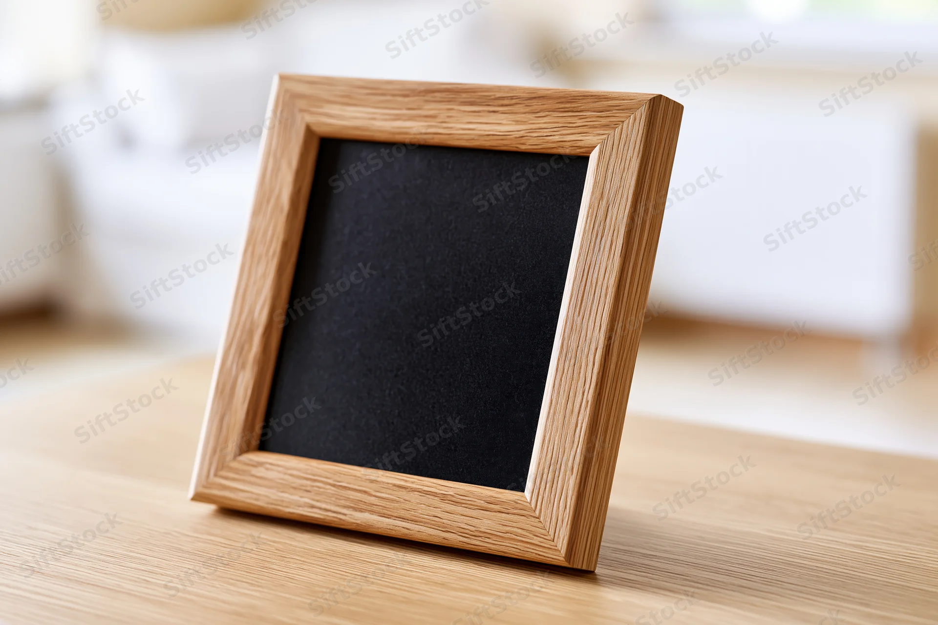 Wooden picture frame with black empty interior leaning on a table in a living room
