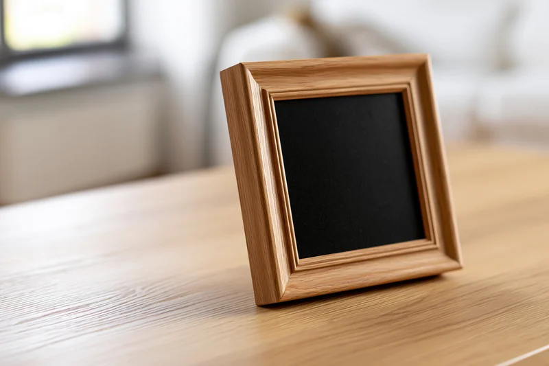 Small wooden picture frame with black empty interior leaning on a light wood table in a living room