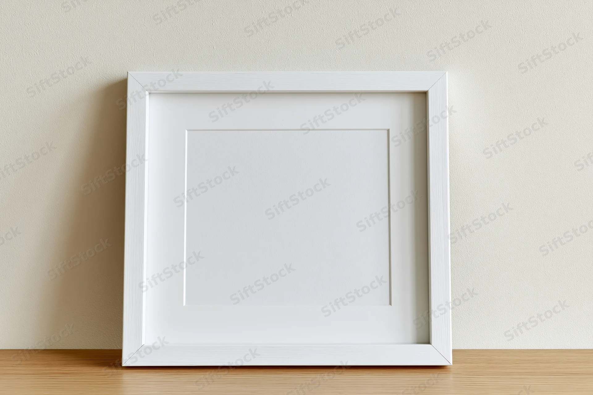 White square picture frame with white mat leaning against a beige wall on wooden surface