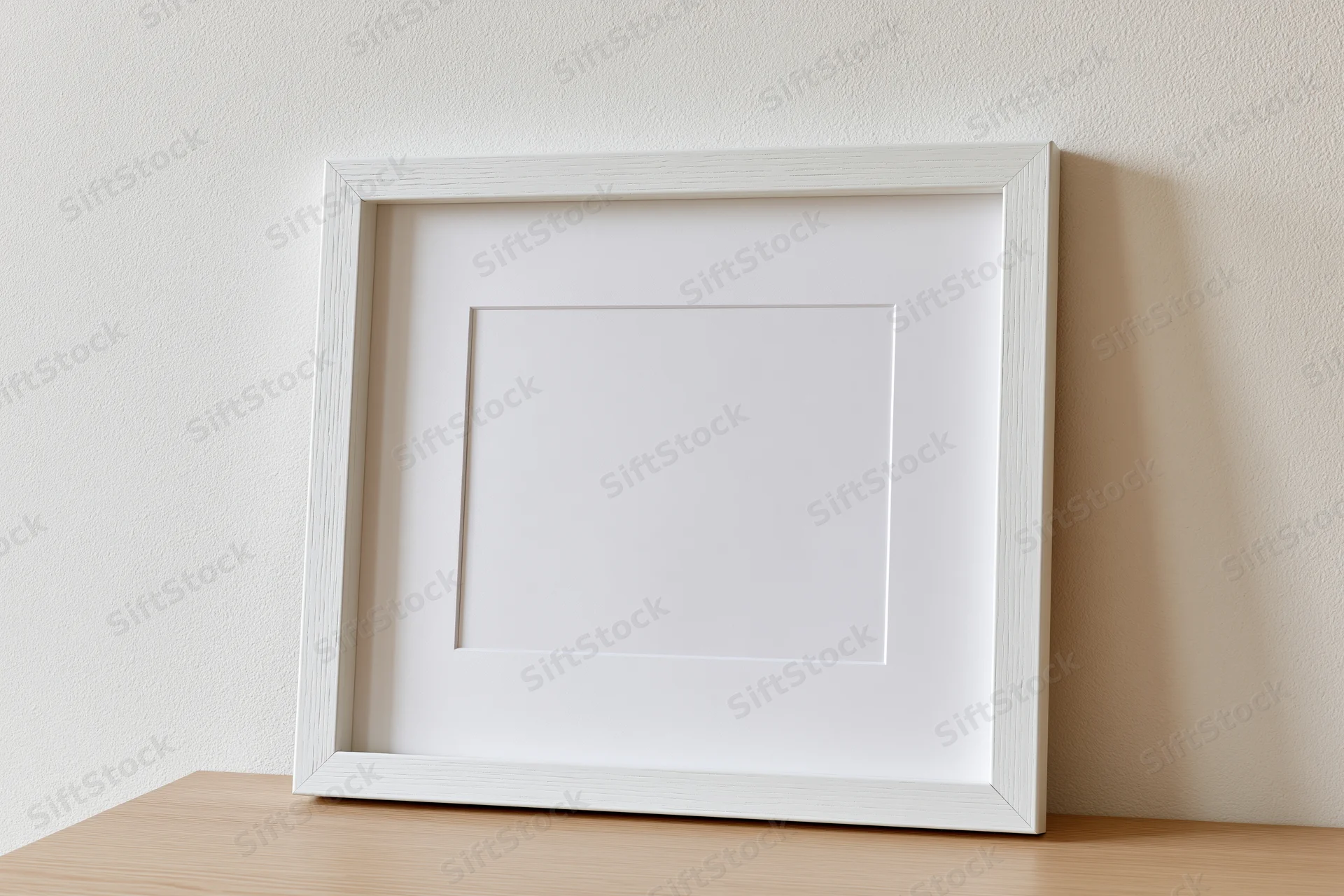 White picture frame with white mat leaning against a wall on a wooden surface