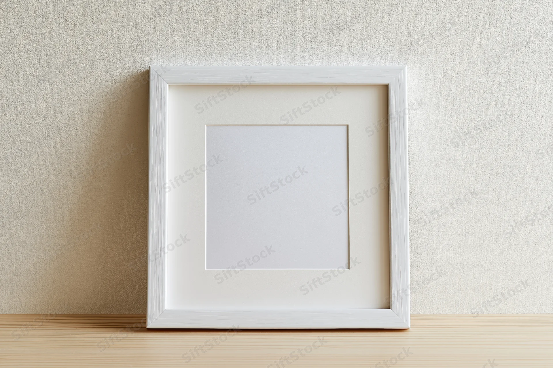 White square picture frame with mat leaning against textured wall on wooden shelf
