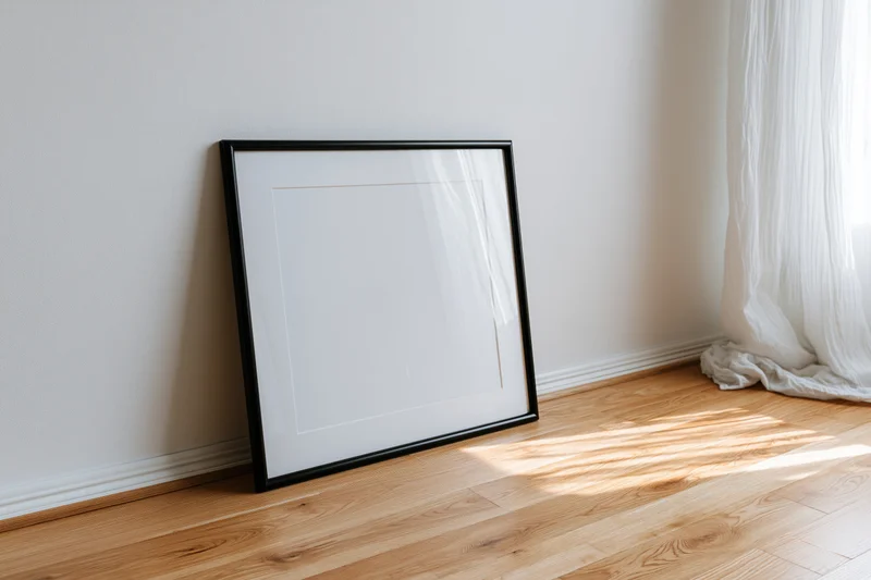 Black picture frame leaning against white wall on wooden floor near window with sheer curtain