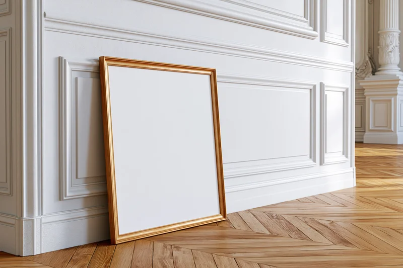 Gold wooden frame with blank white canvas leaning against white paneled wall in elegant interior