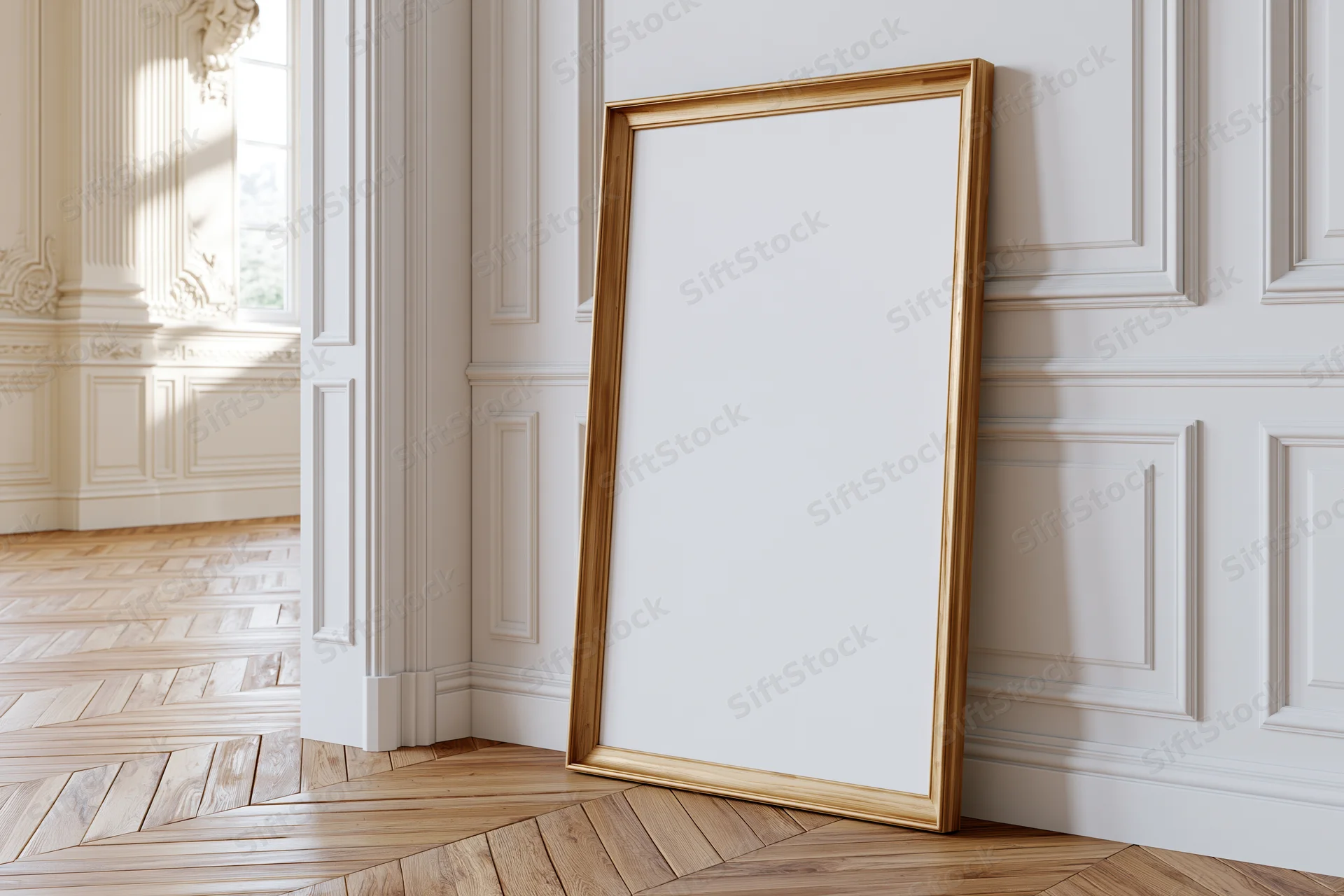 Gold wooden frame with blank white canvas leaning against paneled wall in classic interior