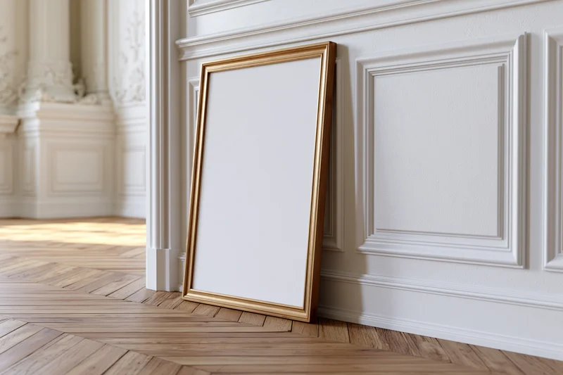 Gold picture frame leaning against white paneled wall in elegant interior with parquet flooring