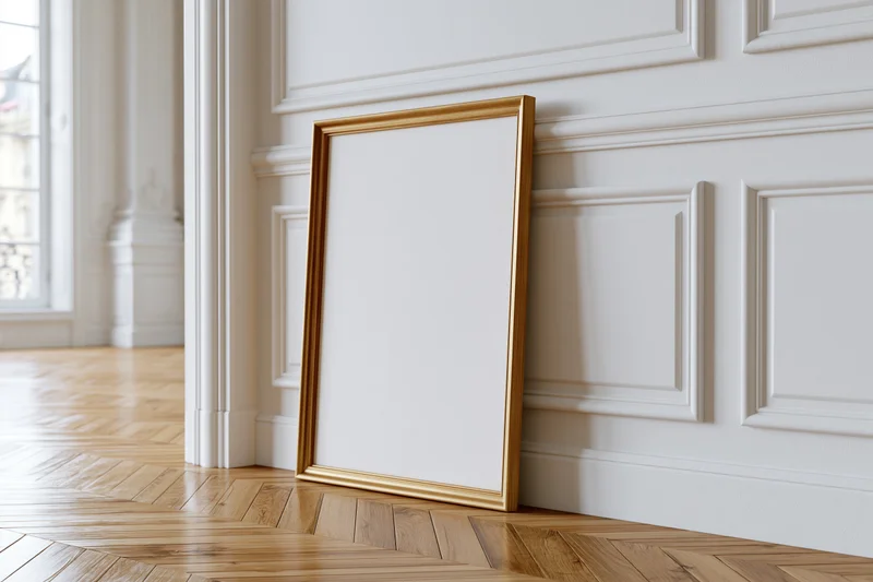 Gold picture frame with blank white canvas leaning against white paneled wall in bright classic interior