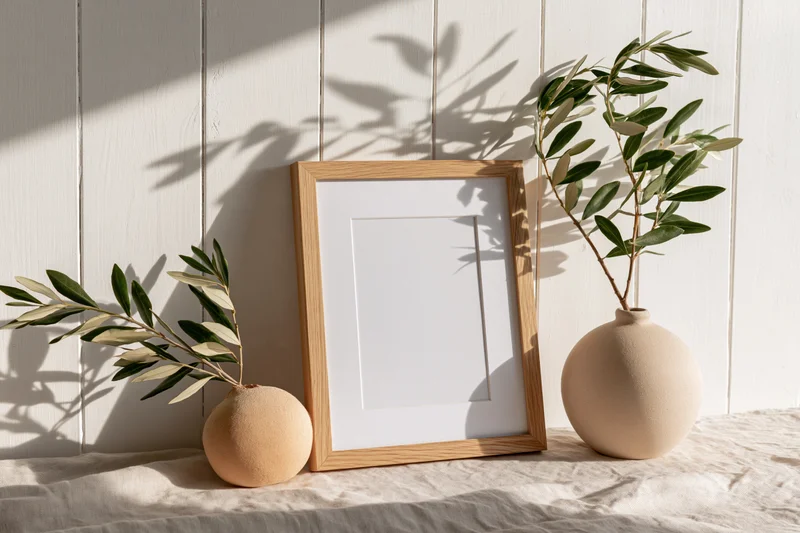 Wooden picture frame with white mat leaning against a white wall beside two vases holding olive branches on a linen surface