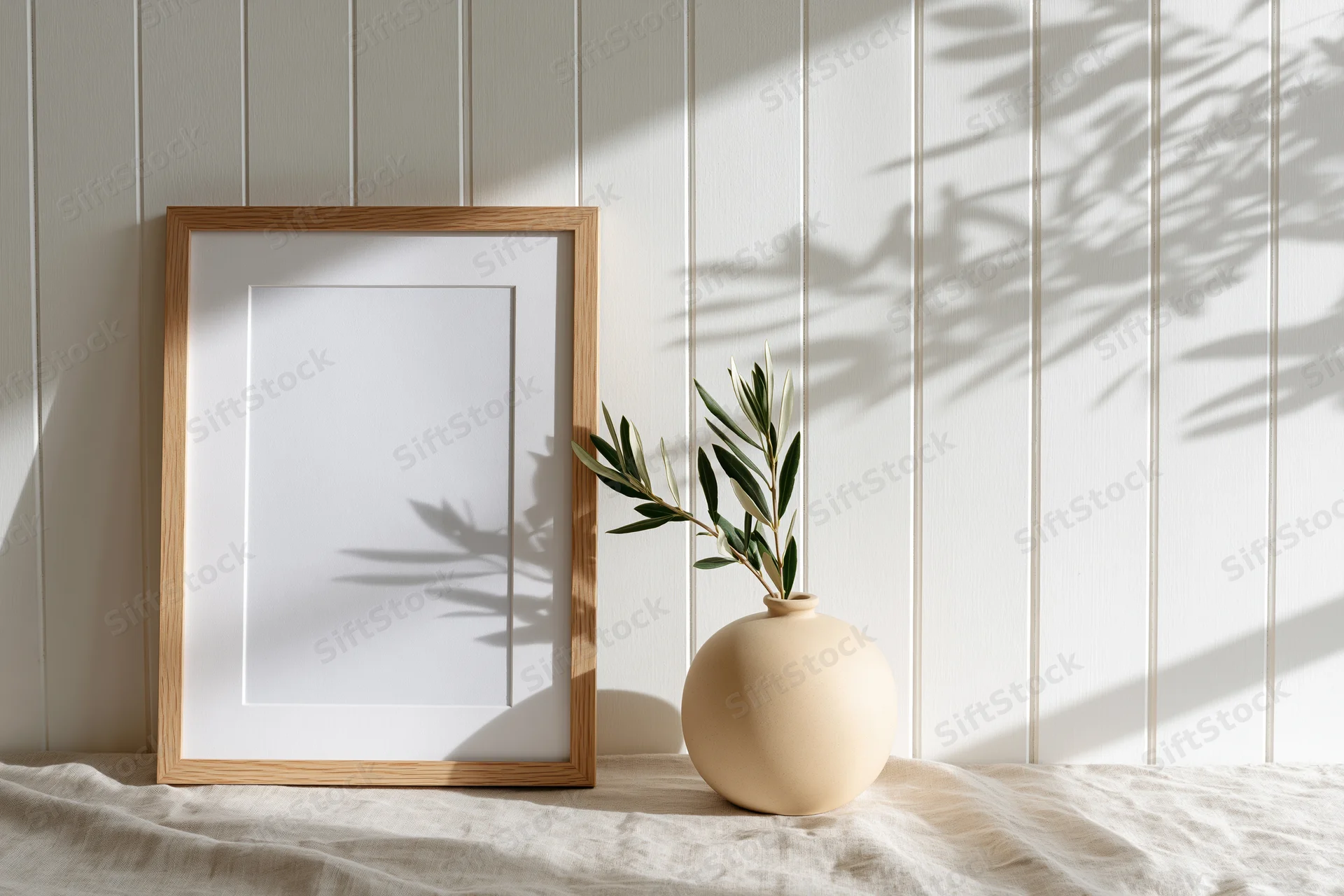 Wooden picture frame with white mat leaning against a white paneled wall beside a ceramic vase holding olive branches, casting leaf shadows on the wall and fabric surface