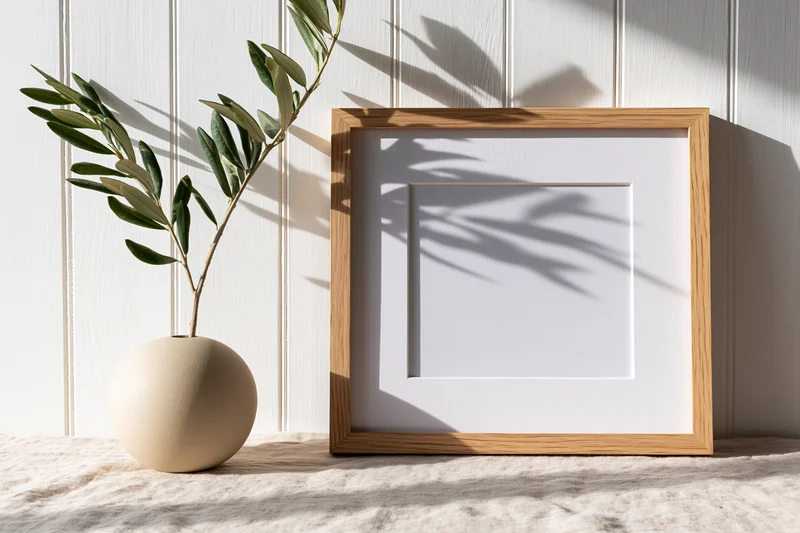 Wooden picture frame with white mat leaning against a white paneled wall beside a round ceramic vase holding an olive branch, casting shadows in soft sunlight