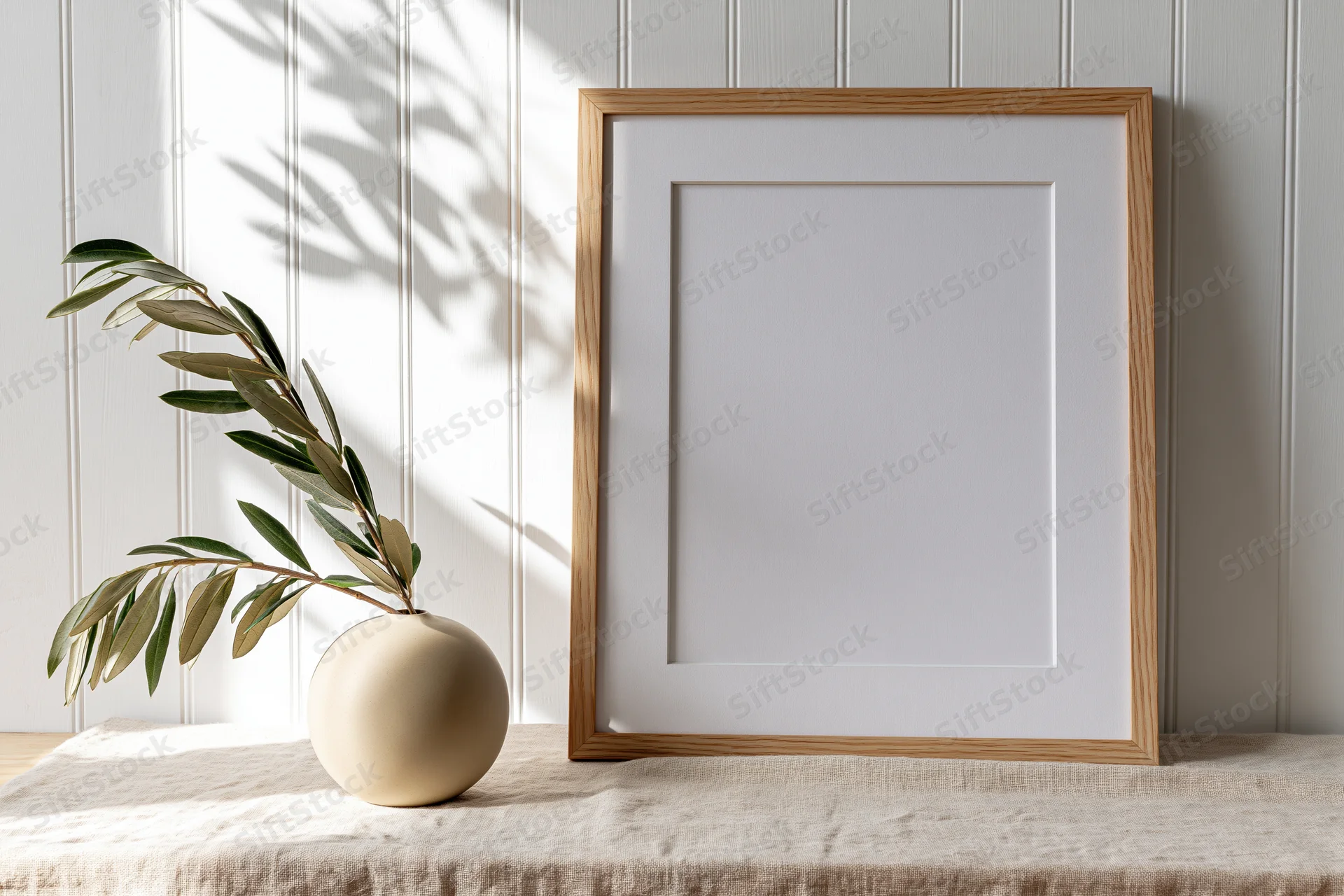Wooden picture frame with white mat leaning against a wall beside a vase with olive branches on a linen-covered table