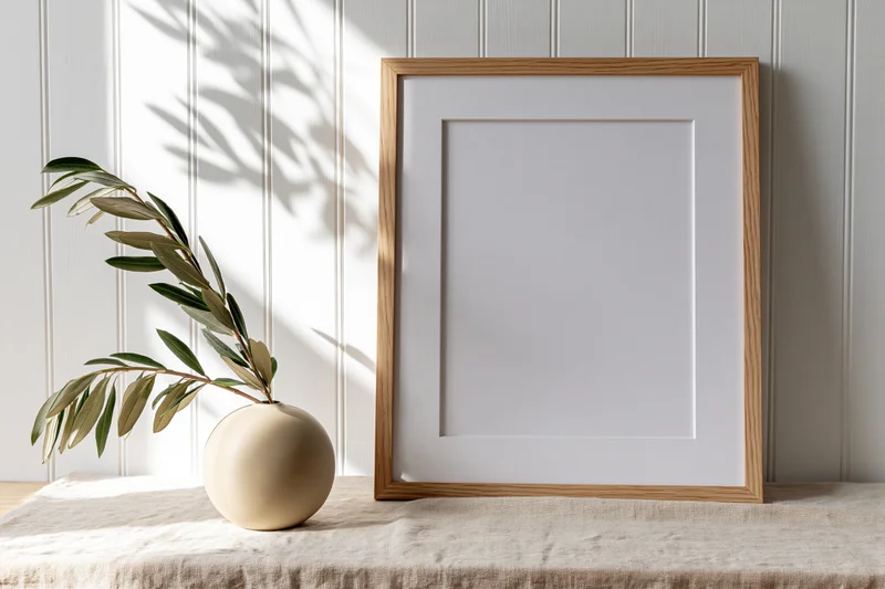 Wooden picture frame with white mat leaning against a wall beside a vase with olive branches on a linen-covered table