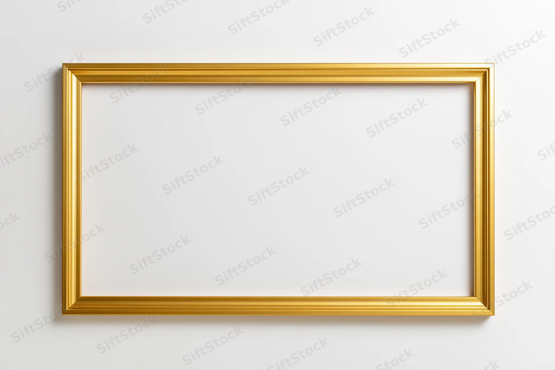 Gold rectangular picture frame hanging on white wall with blank interior for display