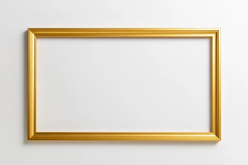 Gold rectangular picture frame hanging on white wall with blank interior for display