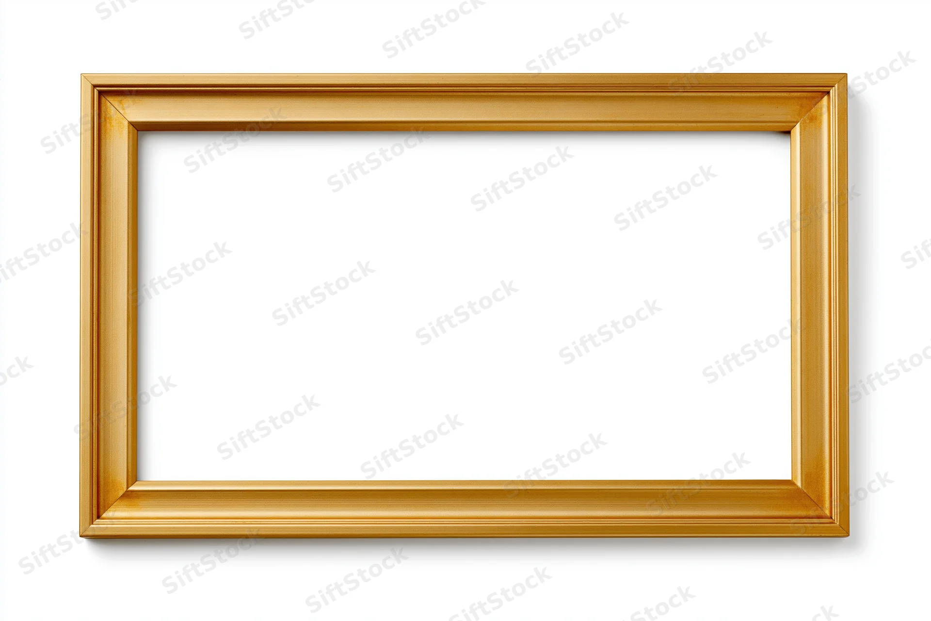 Gold rectangular picture frame lying flat on white background