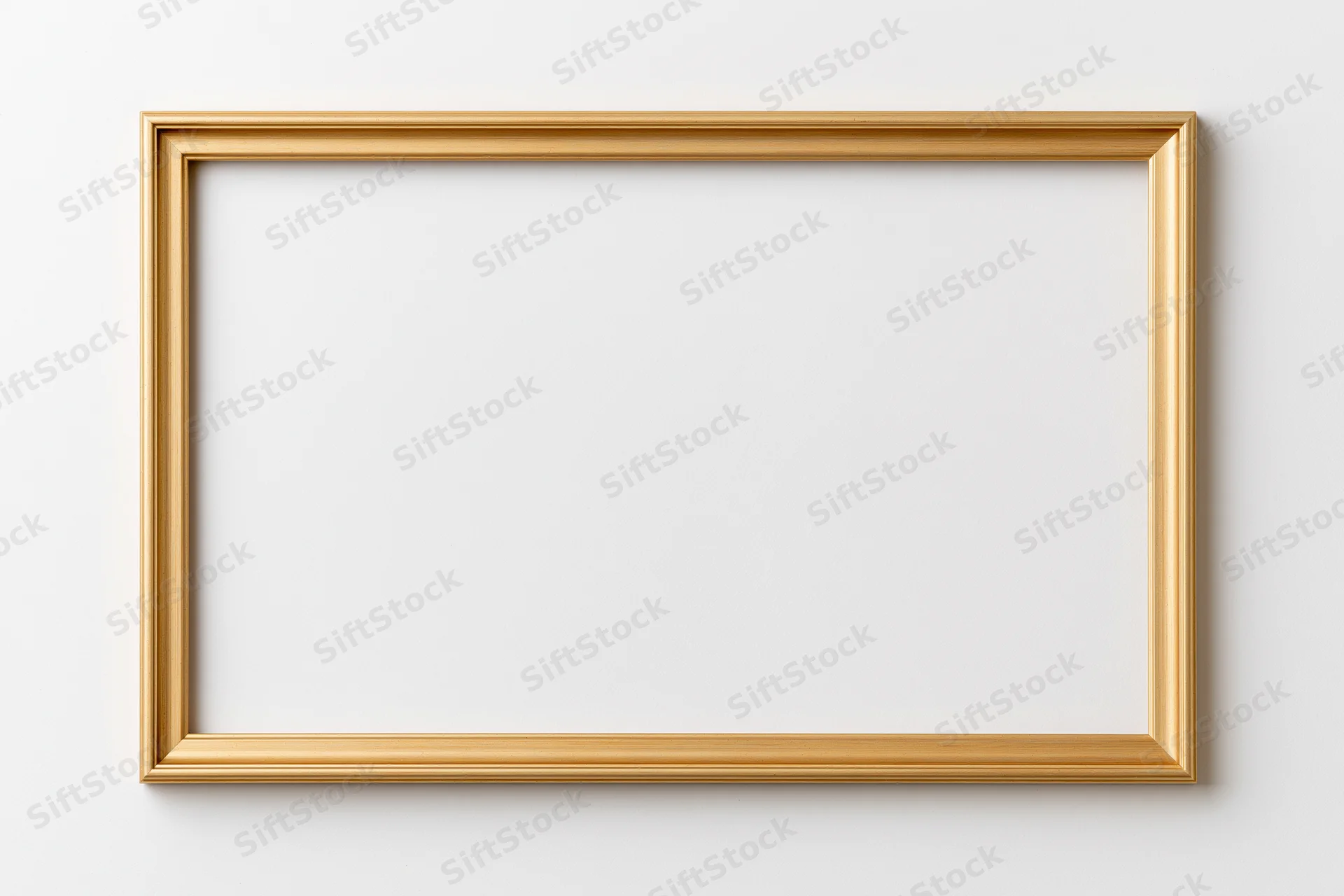 Gold rectangular picture frame lying flat on white surface with blank interior