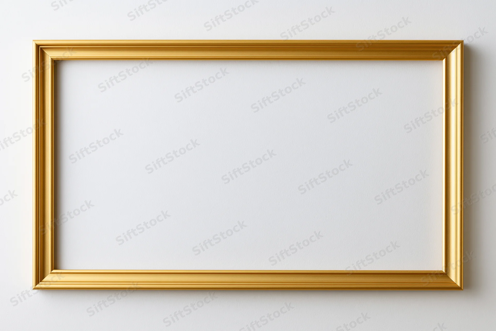 Gold picture frame mounted on white wall with empty center for display