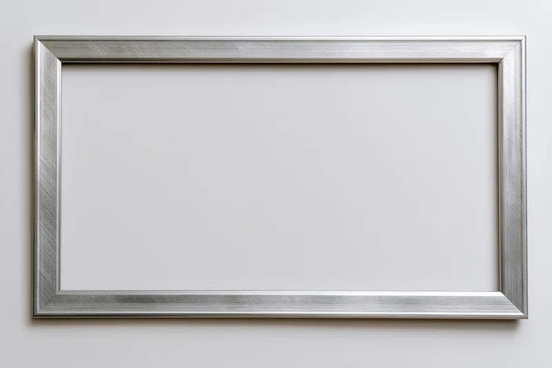 Silver metallic picture frame hanging on a white wall with empty center for display