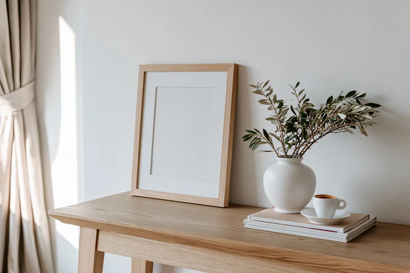 Wooden picture frame leaning against white wall on table with vase of olive branches, coffee cup, and stacked books