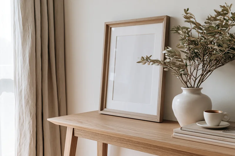 Wooden frame leaning against wall on table beside vase with olive branches and coffee cup
