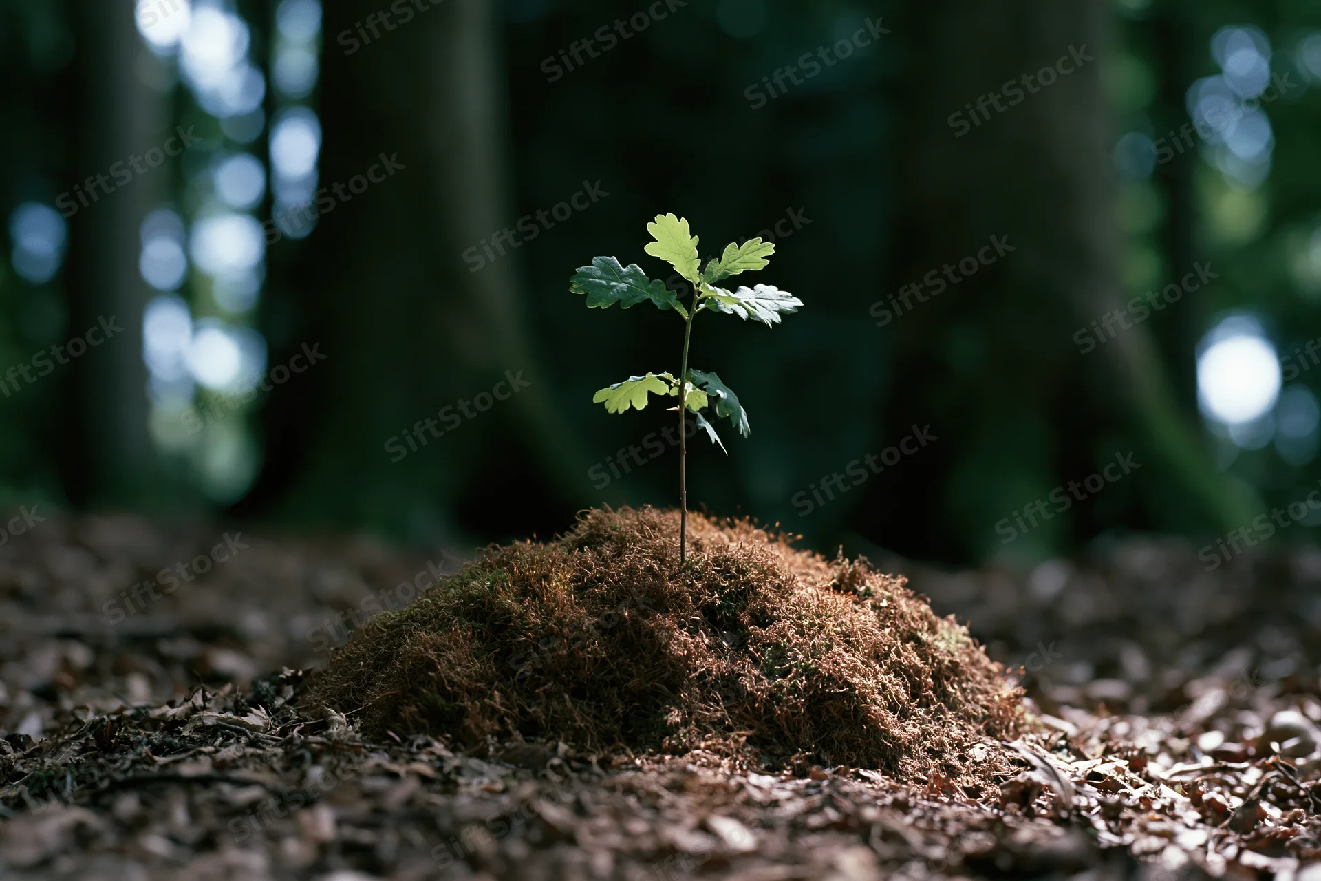 Tiny oak sapling growing from moss-covered mound in forest floor
