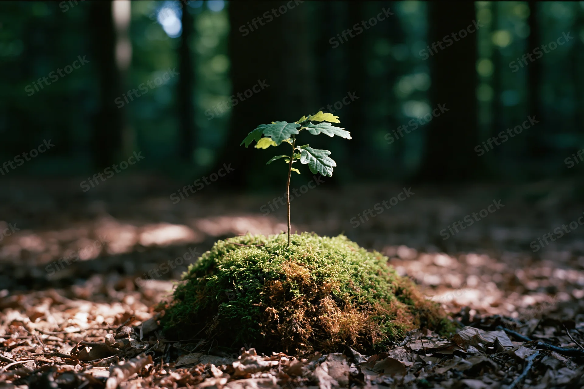Tiny oak sapling growing from moss-covered mound in forest floor surrounded by fallen leaves and dappled sunlight