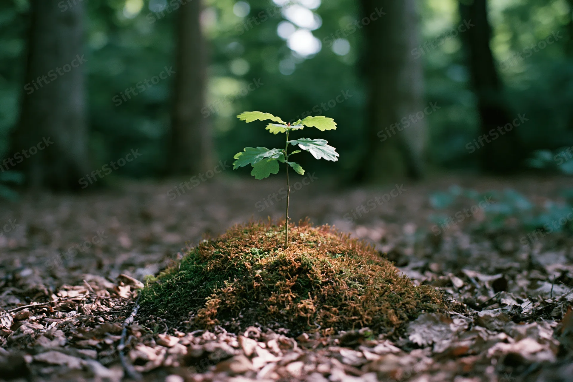 Tiny oak sapling growing from moss-covered mound in forest floor surrounded by fallen leaves and tree trunks