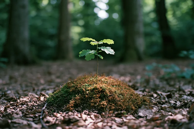 Tiny oak sapling growing from moss-covered mound in forest floor surrounded by fallen leaves and tree trunks