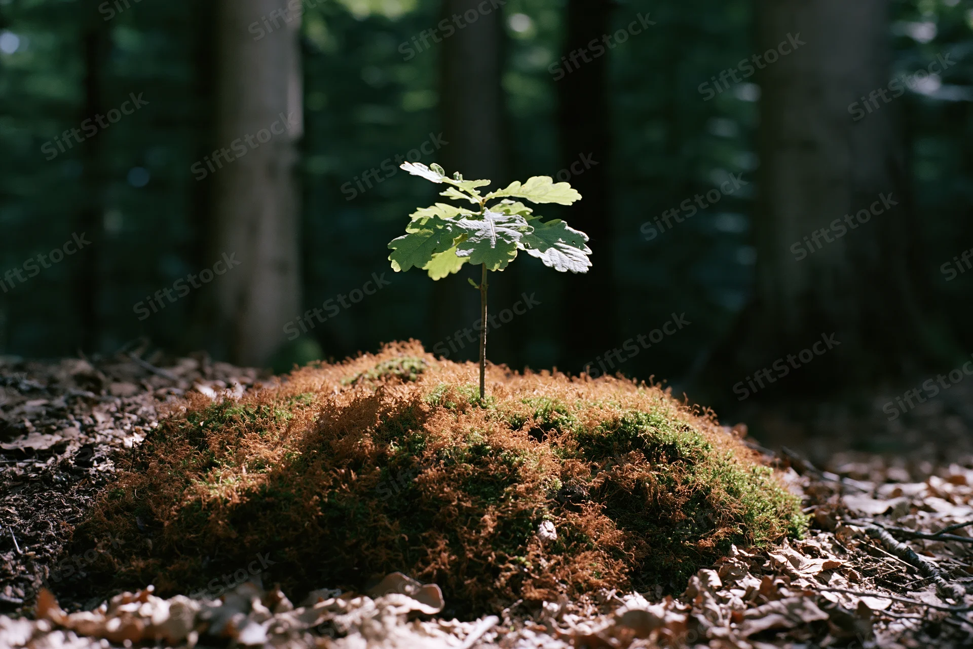 Tiny oak sapling growing from moss-covered mound in forest floor