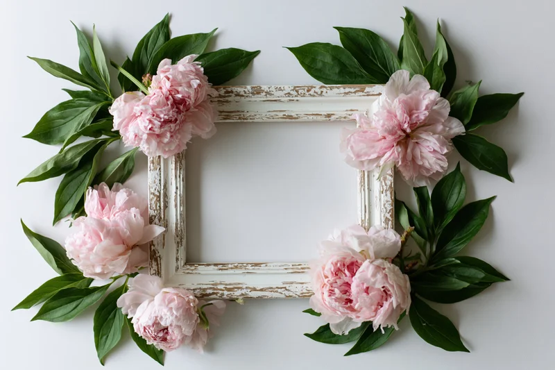 Weathered white wooden frame adorned with pink peonies and green leaves arranged flat on white surface