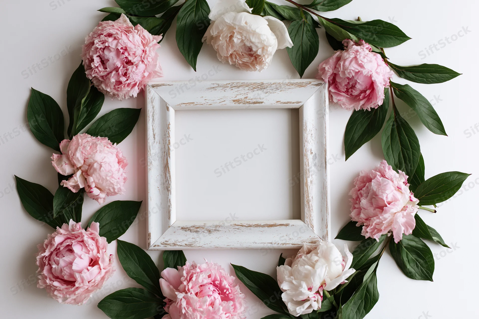 Weathered white wooden frame surrounded by pink and white peonies and green leaves on a white surface